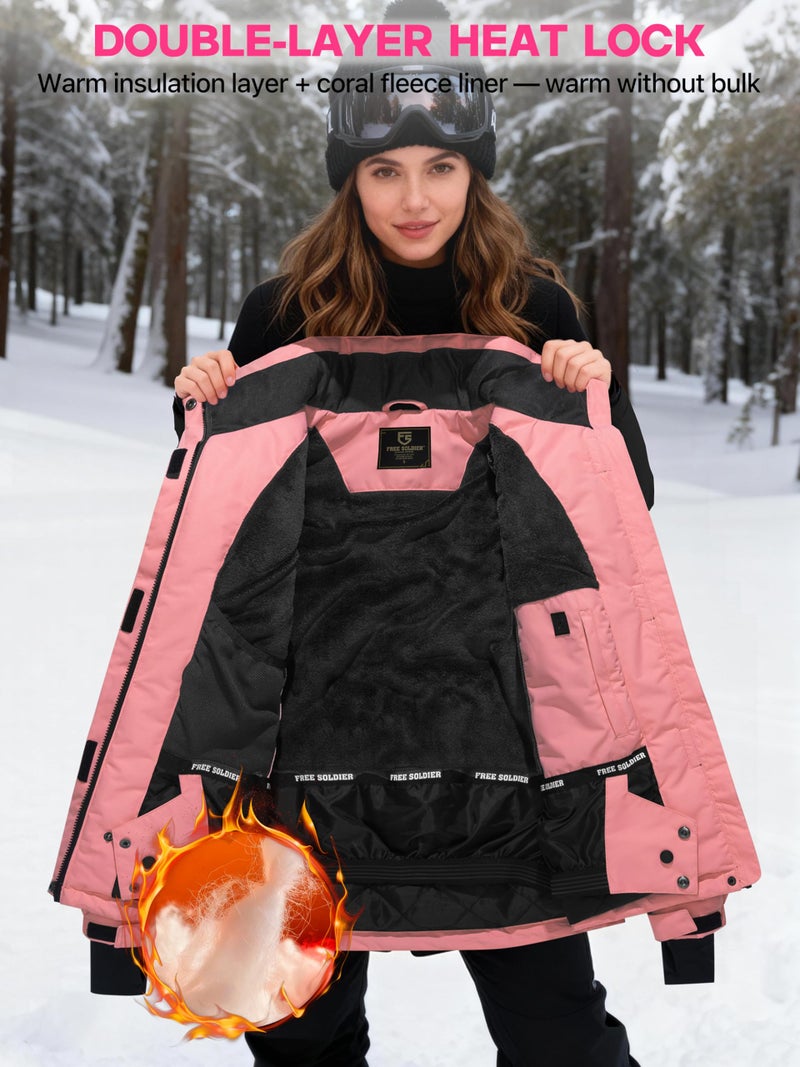FREE SOLDIER Women's Waterproof Ski Snow Jacket Fleece Lined Warm Winter Rain Jacket with Hood Fully Taped Seams(Pink,L) - Image 4
